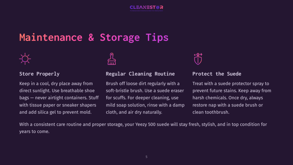 5 Maintenance And Storage Tips Cleanestor Shoe Care Graphic With Three Icons And Text: &Quot;Store Properly&Quot;, &Quot;Regular Cleaning Routine&Quot;, And &Quot;Protect The Suede&Quot;.