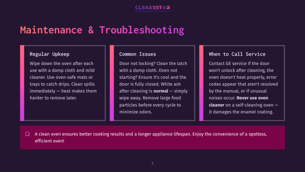 Cleanestor Logo Above A Dark Purple Background With Three Columns Of Text Detailing Oven Maintenance And Troubleshooting Tips, Including &Quot;Regular Upkeep,&Quot; &Quot;Common Issues,&Quot; And &Quot;When To Call Service.