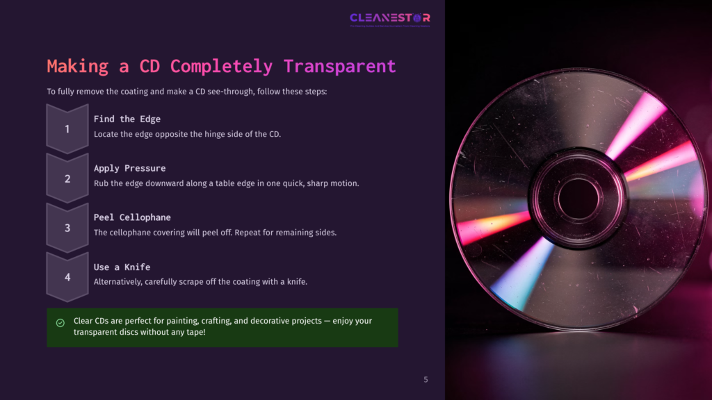 5 Making A Cd Completely Transparent Close-Up Of A Cd With Rainbow Light Reflections, Showing Its Transparent, Clear Plastic Core After The Protective Coating Has Been Removed, As Described In The &Quot;Making A Cd Completely Transparent&Quot; Guide.