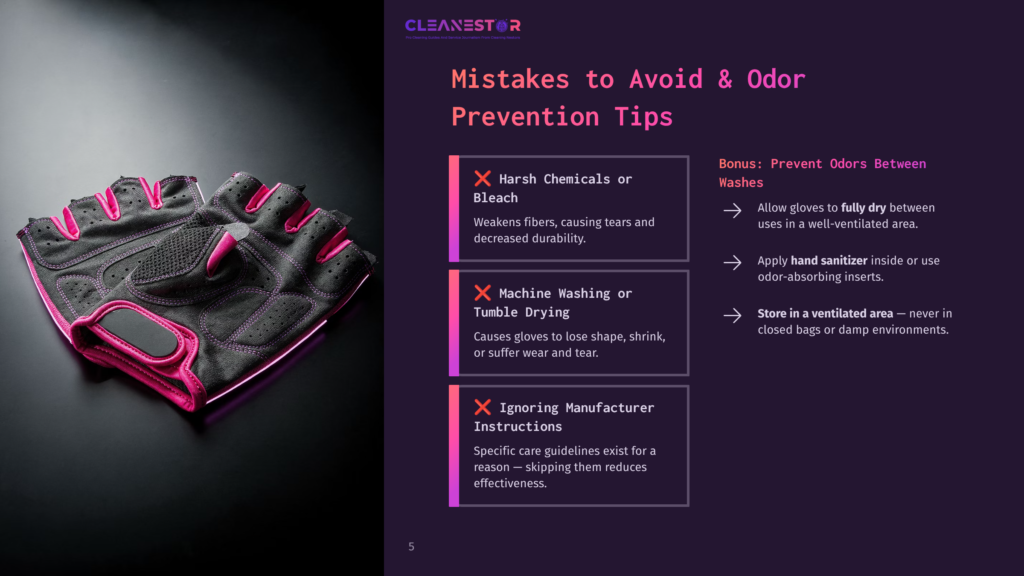 5 Mistakes To Avoid And Odor Prevention Tips Close-Up Of Black And Pink Weightlifting Gloves Resting On A Dark Surface, With Text Overlay Detailing &Quot;Mistakes To Avoid &Amp; Odor Prevention Tips&Quot; For Cleaning Workout Gear.