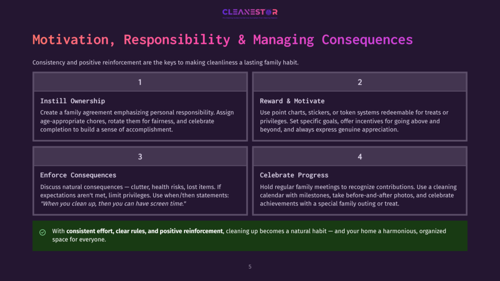 Infographic Outlining Four Key Principles For Making Cleanliness A Lasting Family Habit: Instill Ownership, Reward &Amp; Motivate, Enforce Consequences, And Celebrate Progress. The Infographic Uses A Purple And Green Color Scheme.