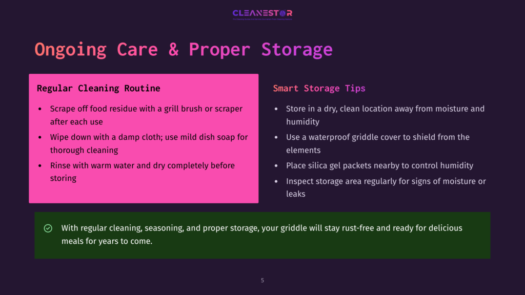 The Cleanestor Logo Is At The Top Of A Slide With The Title &Quot;Ongoing Care &Amp; Proper Storage.&Quot; The Left Side, In Pink, Lists Cleaning Steps: Scrape Residue, Wipe With Damp Cloth, Rinse With Warm Water. The Right Side, In White, Lists Storage Steps: Store In Dry, Clean Location, Use Waterproof Griddle Cover, Place Silica Gel Packets, Inspect Storage Area. A Green Bar At The Bottom States: &Quot;With Regular Cleaning, Seasoning, And Proper Storage, Your Griddle Will Stay Rust-Free And Ready For Delicious Meals For Years To Come.