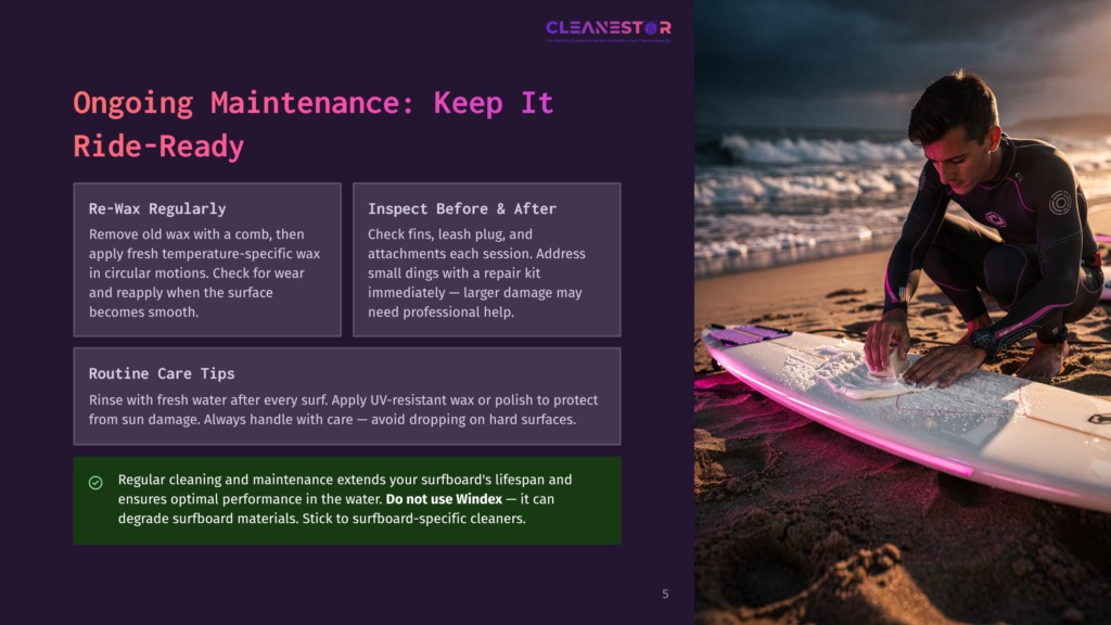 A Surfer In A Black Wetsuit Applies Wax To A White Surfboard On A Beach At Sunset. Text Overlay: &Quot;Cleanestar&Quot;.