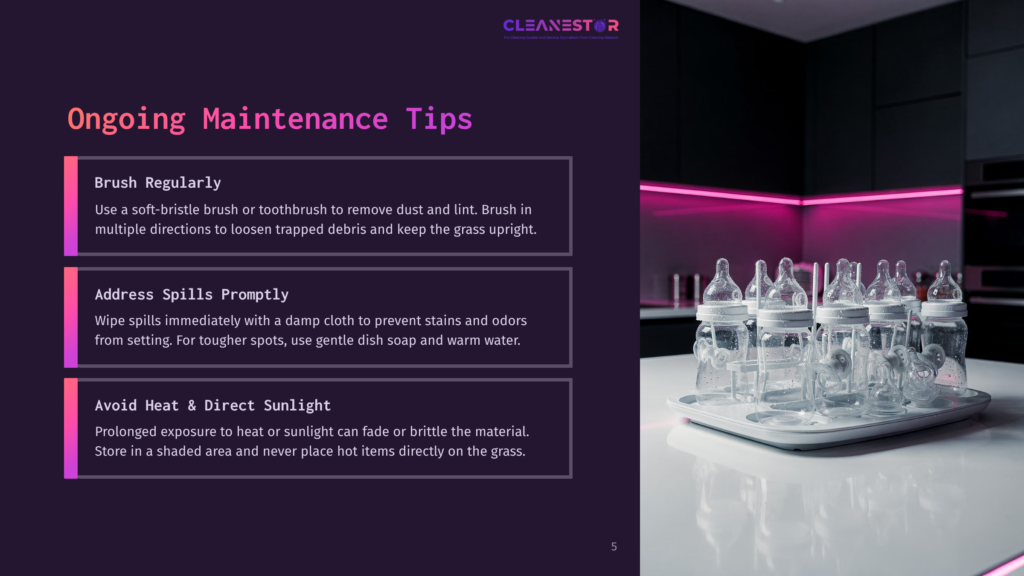 Cleanestor Logo With Text &Quot;Ongoing Maintenance Tips&Quot; And A Graphic Of Baby Bottles On A Drying Rack. The Tips Include &Quot;Brush Regularly,&Quot; &Quot;Address Spills Promptly,&Quot; And &Quot;Avoid Heat &Amp; Direct Sunlight.