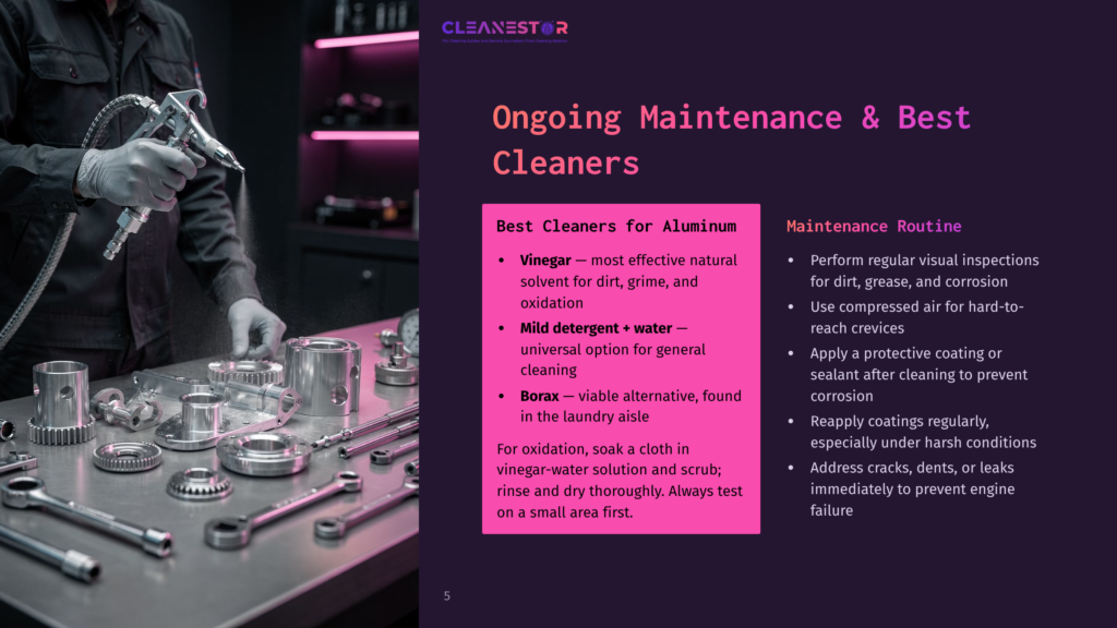 Cleanestor Logo At The Top Of A Slide Detailing Ongoing Maintenance And Best Cleaners For Aluminum, Including Vinegar And Mild Detergent Options.