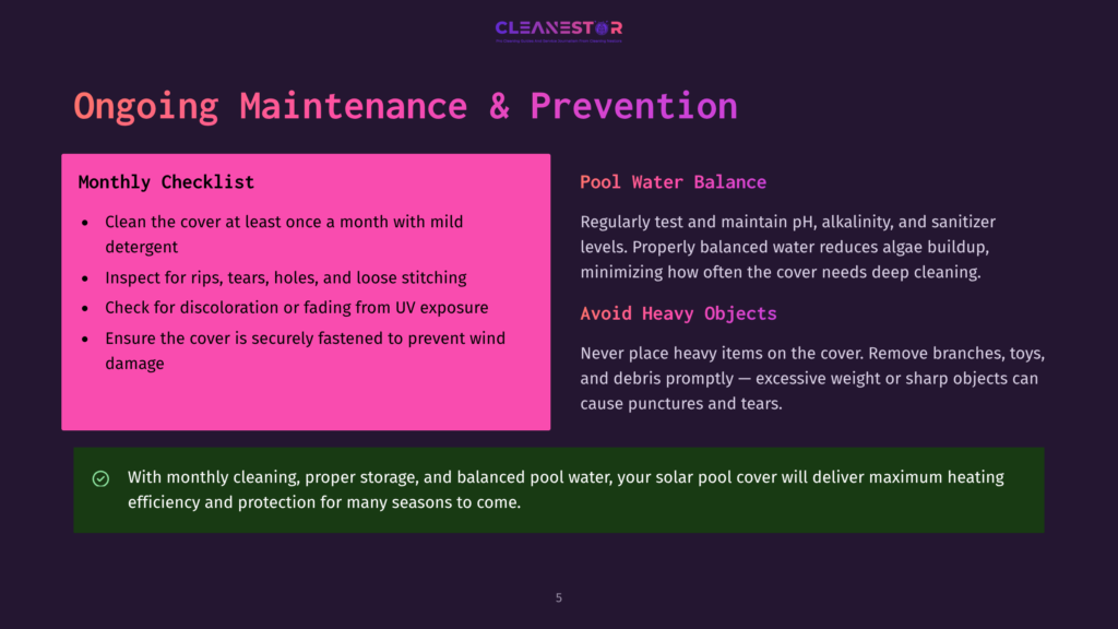 Cleanestor Pool Maintenance Checklist With Ongoing Maintenance And Prevention Tips For Pool Water Balance And Avoiding Heavy Objects. Includes Bullet Points For Monthly Checklist.
