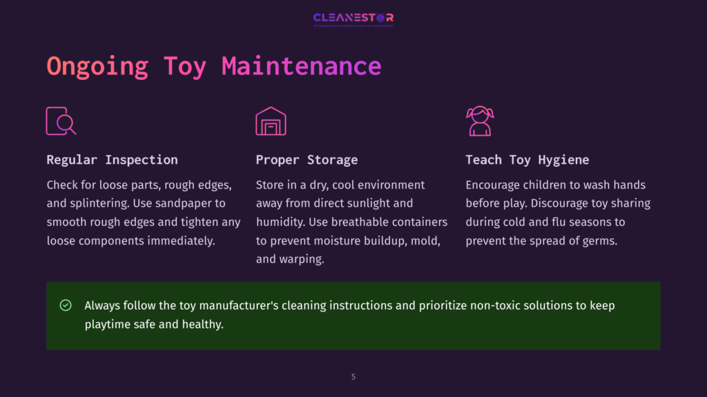 5 Ongoing Toy Maintenance Cleanestor Logo. Three Icons: A Magnifying Glass, A House, And A Child'S Face With A Heart. Text: &Quot;Ongoing Toy Maintenance&Quot;, &Quot;Regular Inspection&Quot;, &Quot;Proper Storage&Quot;, &Quot;Teach Toy Hygiene&Quot;.