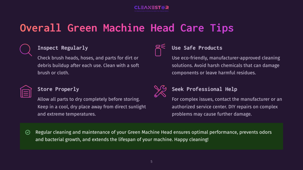 Infographic With Green And Purple Background Detailing Green Machine Head Care Tips: Inspect Regularly, Store Properly, Use Safe Products, Seek Professional Help, And A Note About Regular Cleaning And Maintenance.