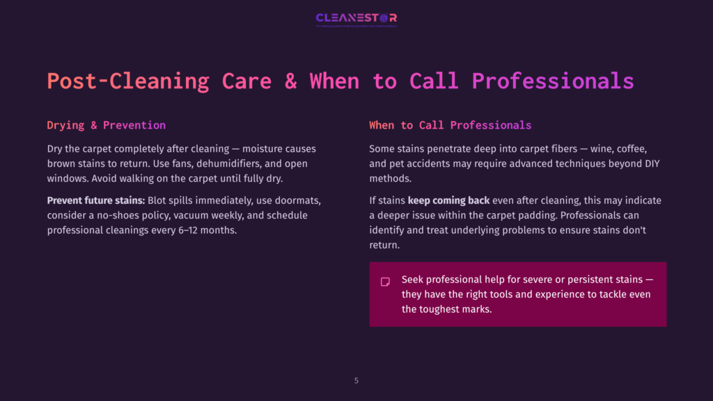 Post-Cleaning Care &Amp; When To Call Professionals: Drying &Amp; Prevention Tips, And Advice On When Stains Require Professional Carpet Cleaning.