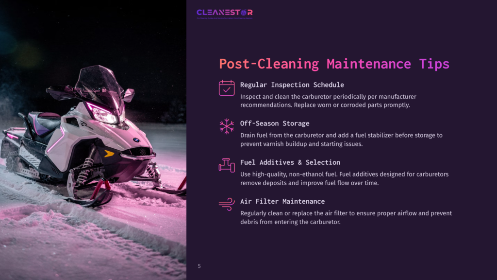 A White Snowmobile With Pink Accents Is Parked In The Snow At Night, Illuminated By Its Headlights And Ambient Pink Light. The Cleanestor Logo And &Quot;Post-Cleaning Maintenance Tips&Quot; Text Are Visible.