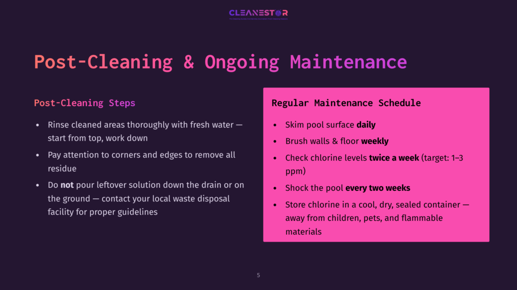 A Presentation Slide Titled &Quot;Post-Cleaning &Amp; Ongoing Maintenance&Quot; Outlines Steps For Cleaning And Maintaining A Pool, Including Skimming, Brushing, And Checking Chlorine Levels Twice A Week.
