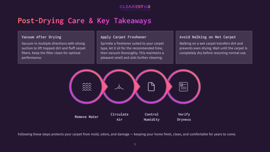 Infographic Titled &Quot;Post-Drying Care &Amp; Key Takeaways&Quot; With Icons Representing &Quot;Remove Water,&Quot; &Quot;Circulate Air,&Quot; &Quot;Control Humidity,&Quot; And &Quot;Verify Dryness,&Quot; Offering Tips For Carpet Care After Drying.