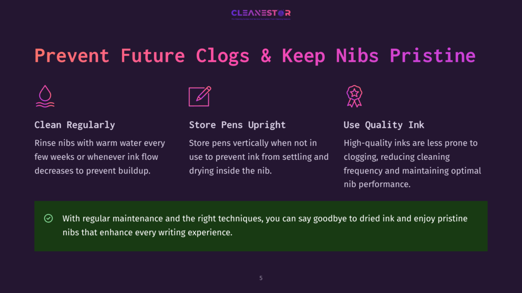 Prevent Future Clogs And Keep Nibs Pristine With Three Tips: Clean Regularly, Store Pens Upright, And Use Quality Ink. This Graphic Displays Icons And Text For Each Tip.