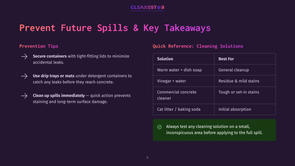 Infographic Titled &Quot;Prevent Future Spills &Amp; Key Takeaways&Quot; From Cleanestor, Detailing Prevention Tips Like Securing Containers And Cleaning Up Spills, Along With A Reference Table Of Cleaning Solutions And Their Best Uses.