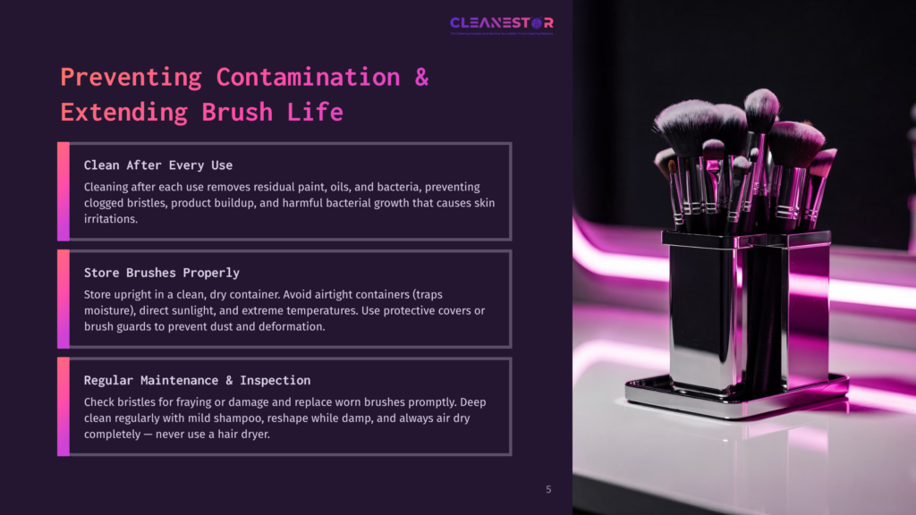A Graphic Poster With A Brush Holder On A Table, Emphasizing Tips For Preventing Contamination And Extending Brush Life. The Poster Includes Sections On Cleaning Brushes After Every Use, Storing Them Properly, And Regular Maintenance.