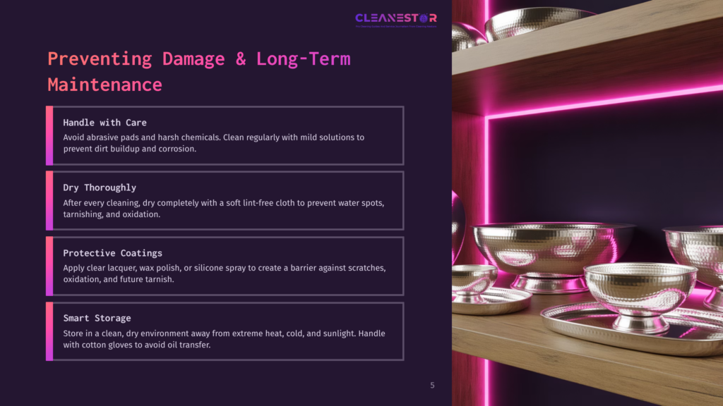 Cleanestor Logo And Text On Preventing Damage And Long-Term Maintenance For Metalware, With A Background Of Polished Metal Bowls And Neon Pink Lighting.