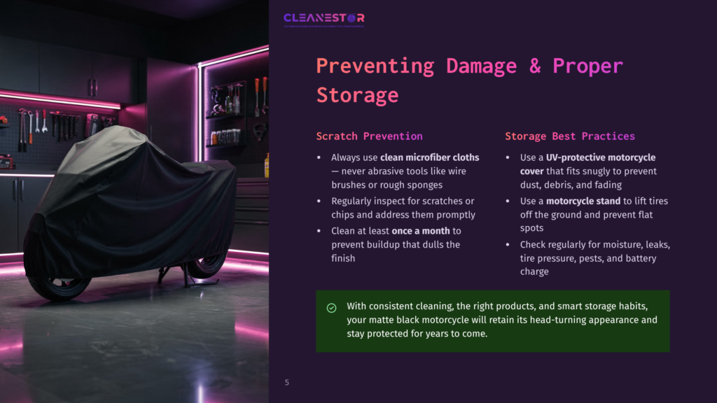 A Black Motorcycle Is Covered With A Dark Grey Cover In A Dimly Lit Garage With Tools On The Wall. Text On The Right Side Of The Image Reads &Quot;Cleanestor&Quot; And &Quot;Preventing Damage &Amp; Proper Storage.