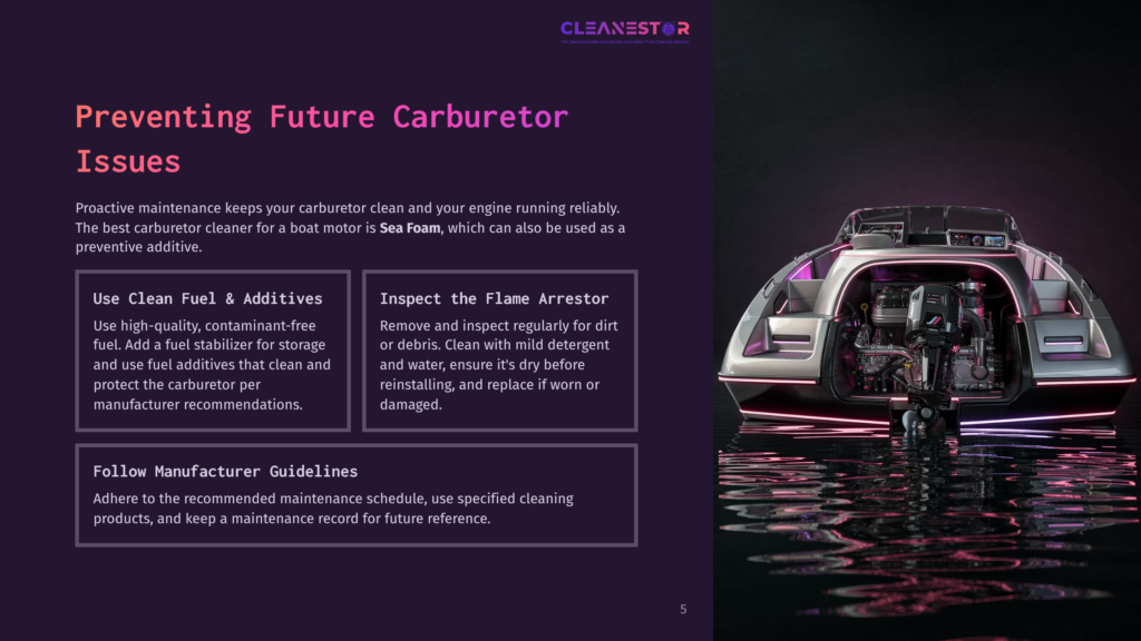 A Sleek, Modern Boat With A Powerful Outboard Motor Is Illuminated By Purple And Pink Neon Lights, Floating On Dark, Reflective Water. The Image Emphasizes Preventing Future Carburetor Issues.