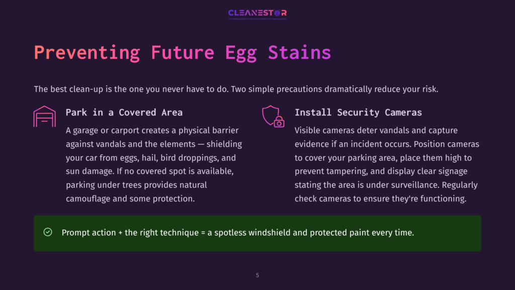 5 Preventing Future Egg Stains Infographic With Two Sections On Preventing Future Egg Stains: Park In A Covered Area And Install Security Cameras, With A Green Background.