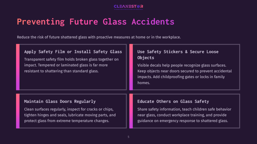 Infographic Titled &Quot;Preventing Future Glass Accidents&Quot; With Four Sections: Apply Safety Film, Use Safety Stickers, Maintain Glass Doors, And Educate Others. The Graphic Offers Tips For Preventing Glass-Related Injuries.