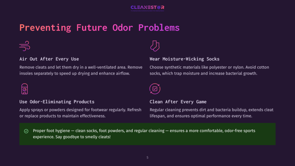 5 Preventing Future Odor Problems Infographic Titled &Quot;Preventing Future Odor Problems&Quot; With Icons And Text Detailing How To Air Out Cleats, Wear Moisture-Wicking Socks, Use Odor-Eliminating Products, And Clean After Every Game To Prevent Shoe Odor.