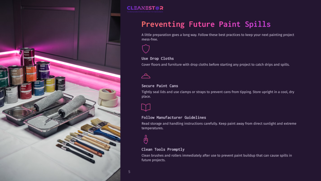 A Workspace With Various Painting Tools And Supplies, Including Paint Cans, Brushes, And Drop Cloths, Set Up Under Pink Lighting. A Text Overlay Reads &Quot;Preventing Future Paint Spills&Quot; With Bullet Points Listing Tips Like Using Drop Cloths, Securing Paint Cans, And Cleaning Tools Promptly.