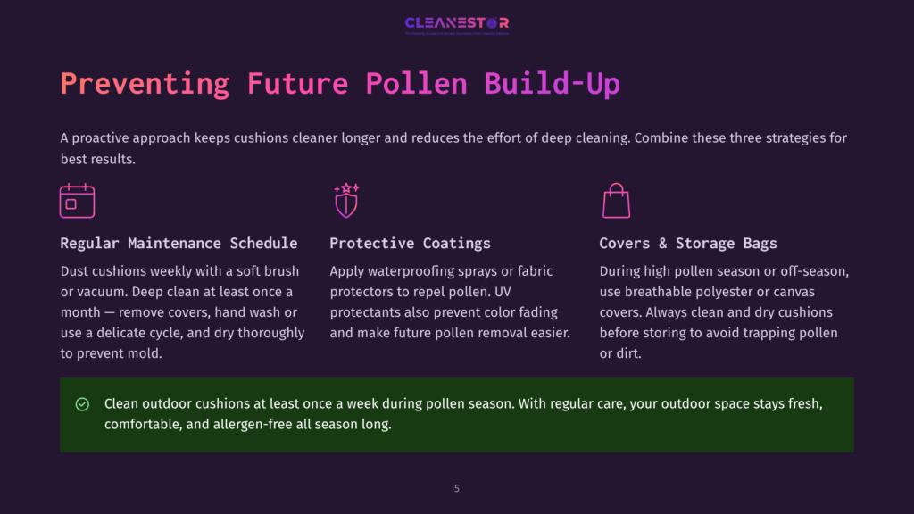 Three Illustrated Icons Represent Strategies For Preventing Pollen Build-Up On Outdoor Cushions: A Calendar For Regular Maintenance, Spray Bottles For Protective Coatings, And A Bag For Covers And Storage. The Text &Quot;Preventing Future Pollen Build-Up&Quot; Is Prominent.