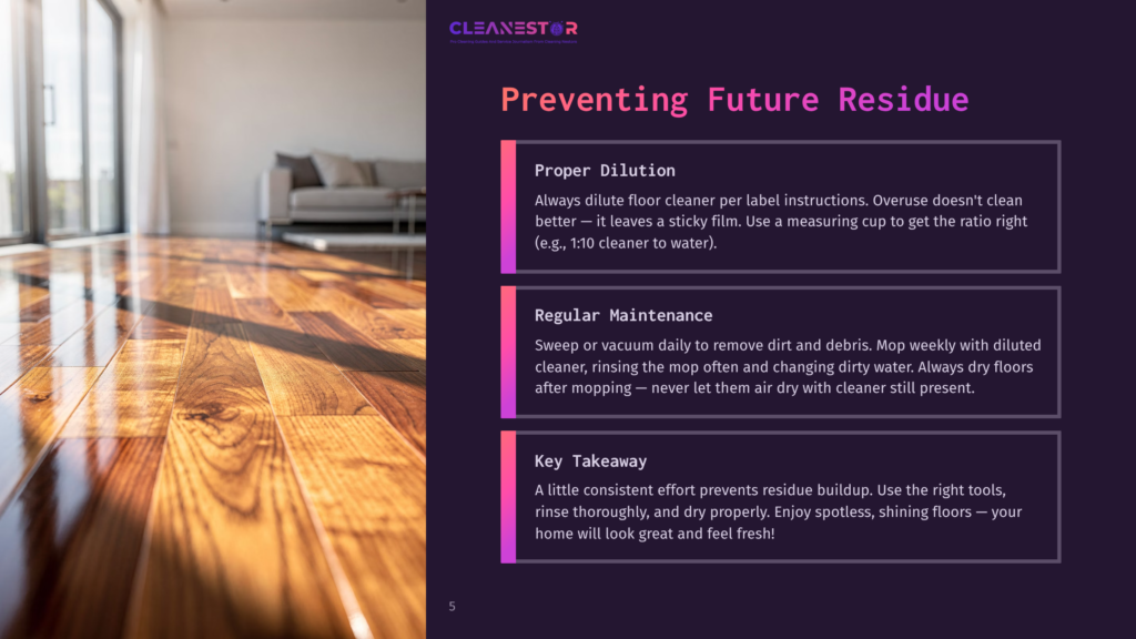 A Sunlit, Polished Wooden Floor Reflects The Warm Light Streaming Through Large Glass Doors, Showcasing A Clean And Bright Living Space. Text Overlay Reads &Quot;Cleanestor Preventing Future Residue&Quot;.