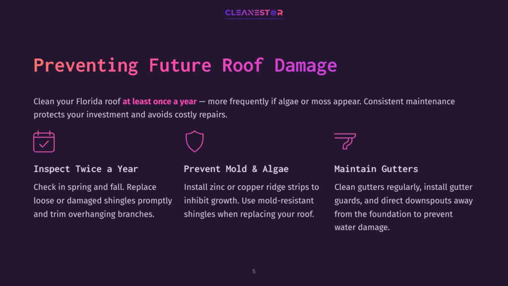 Preventing Future Roof Damage: Inspect Twice A Year, Prevent Mold &Amp; Algae, And Maintain Gutters. Cleanestor Logo At The Top.