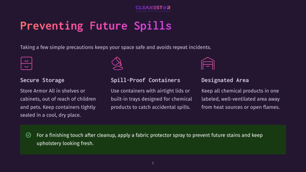Infographic On Preventing Future Spills With Three Key Points: Secure Storage, Spill-Proof Containers, And Designated Area. A Cool, Modern Design With Icons And Text Explaining Precautions To Avoid Repeat Incidents.