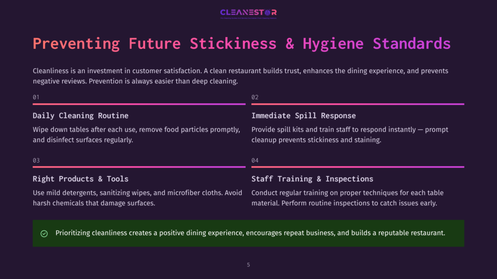 5 Preventing Future Stickiness And Hygiene Standards Cleanliness Graphic With The Cleanestor Logo At The Top, Outlining Key Strategies For Preventing Future Stickiness And Hygiene Standards In Restaurants. Includes Sections On Daily Cleaning, Spill Response, And Staff Training.