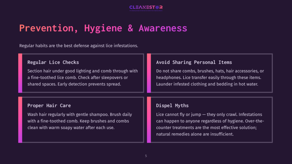 An Infographic On Lice Prevention, Hygiene, And Awareness, Highlighting Habits To Prevent Infestations, The Importance Of Regular Lice Checks, And Myths About Lice Spread.