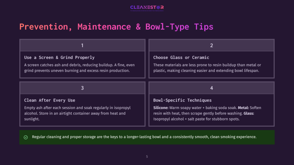 Infographic Titled &Quot;Prevention, Maintenance &Amp; Bowl-Type Tips&Quot; With Four Sections: 1. Use A Screen &Amp; Grind Properly, 2. Choose Glass Or Ceramic, 3. Clean After Every Use, 4. Bowl-Specific Techniques. Includes Tips For Preventing Buildup And Cleaning.