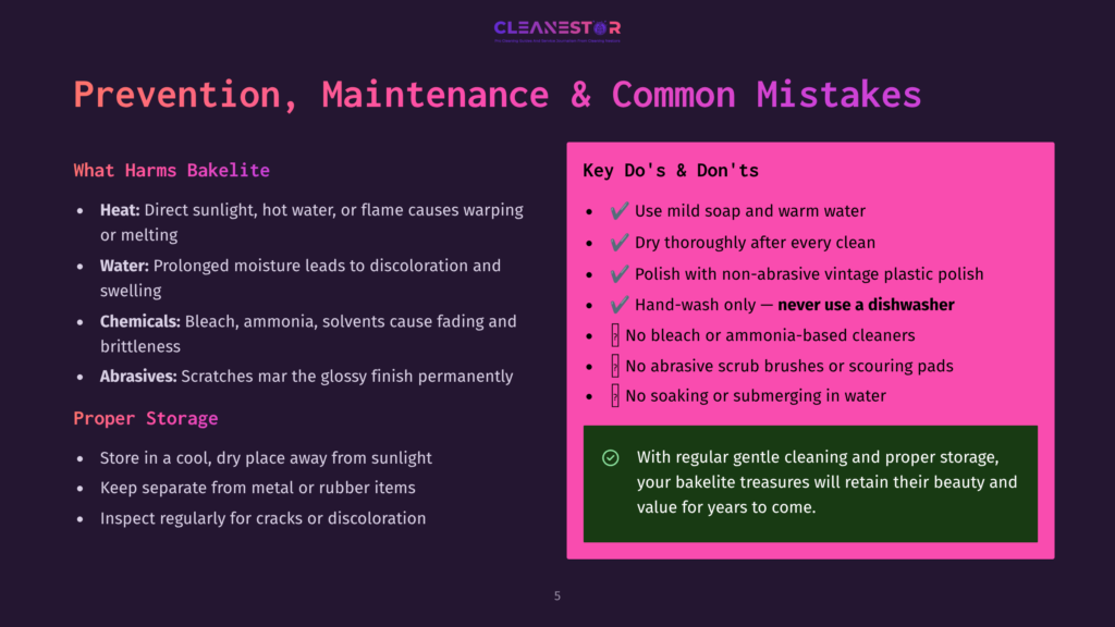 Presentation Slide Titled &Quot;Prevention, Maintenance &Amp; Common Mistakes&Quot; For Bakelite Items. It Lists What Harms Bakelite And Proper Storage, Alongside Key Do'S And Don'Ts, Emphasizing Hand-Washing Only.