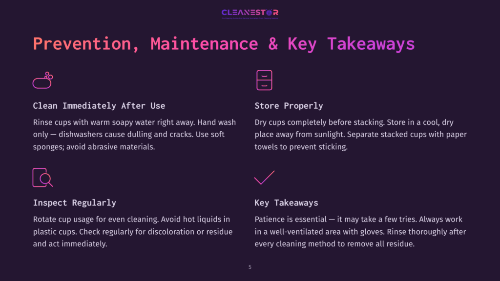 Prevention, Maintenance &Amp; Key Takeaways For Dishware: Clean Immediately After Use, Store Properly, Inspect Regularly, And Key Takeaways For Cleaning. Cleannestor Logo At Top.