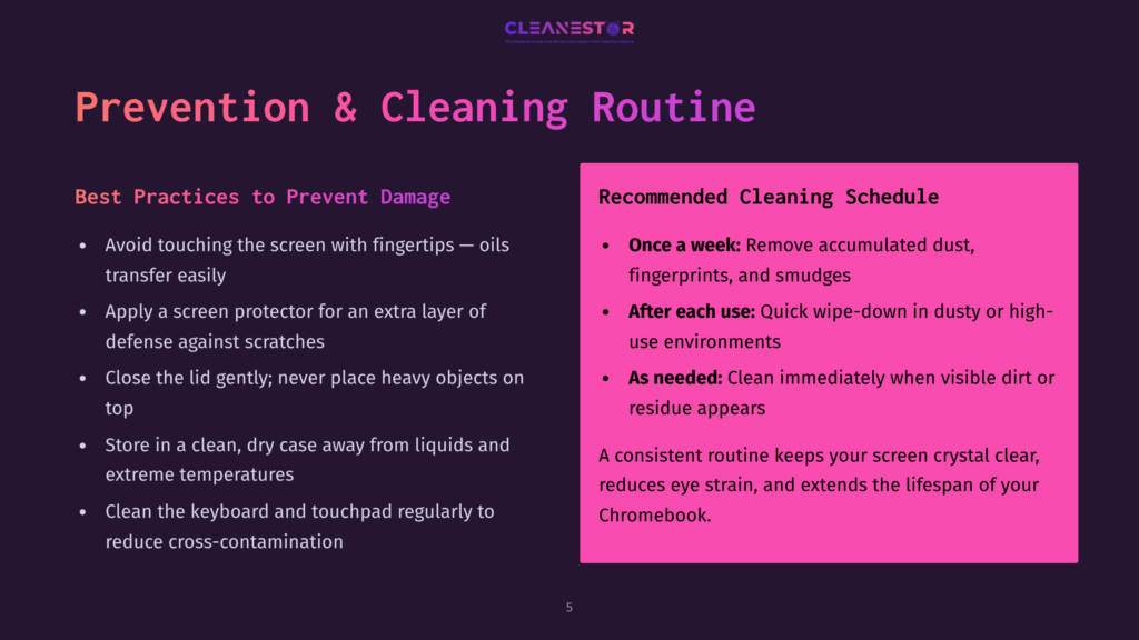 A Presentation Slide Titled &Quot;Prevention &Amp; Cleaning Routine&Quot; From Cleanestor, Detailing Best Practices For Device Care And A Recommended Cleaning Schedule With Bullet Points.