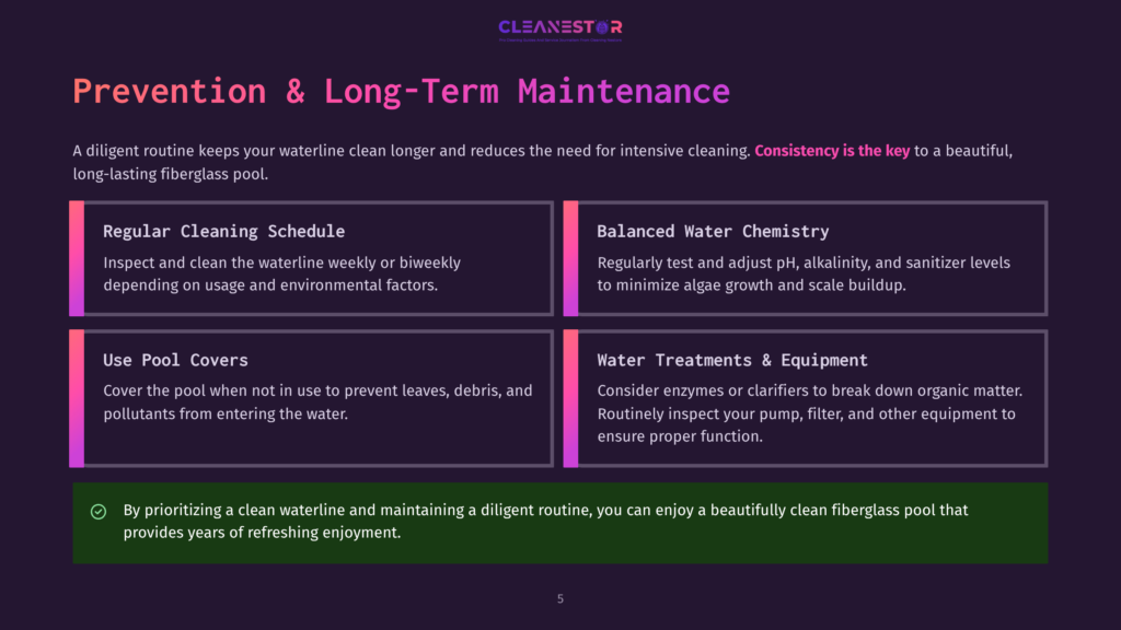 Cleanestor Logo And Text Outlining Pool Maintenance: &Quot;Prevention &Amp; Long-Term Maintenance,&Quot; &Quot;Regular Cleaning Schedule,&Quot; &Quot;Balanced Water Chemistry,&Quot; &Quot;Use Pool Covers,&Quot; And &Quot;Water Treatments &Amp; Equipment.