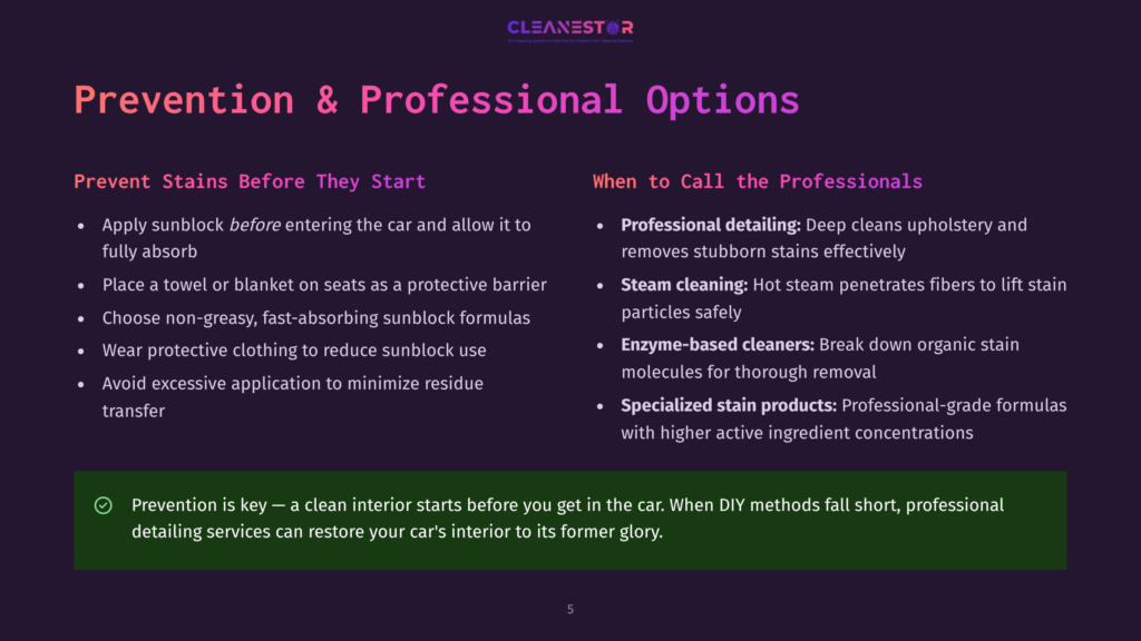 Infographic On Car Interior Stain Prevention And Professional Cleaning Options. Text Reads: &Quot;Prevention Is Key - A Clean Interior Starts Before You Get In The Car. When Diy Methods Fall Short, Professional Detailing Services Can Restore Your Car'S Interior To Its Former Glory.