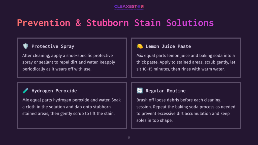 Infographic Detailing Stain Prevention And Removal Solutions: Protective Spray, Lemon Juice Paste, Hydrogen Peroxide, And Regular Routine. Includes Cleanestor Logo.