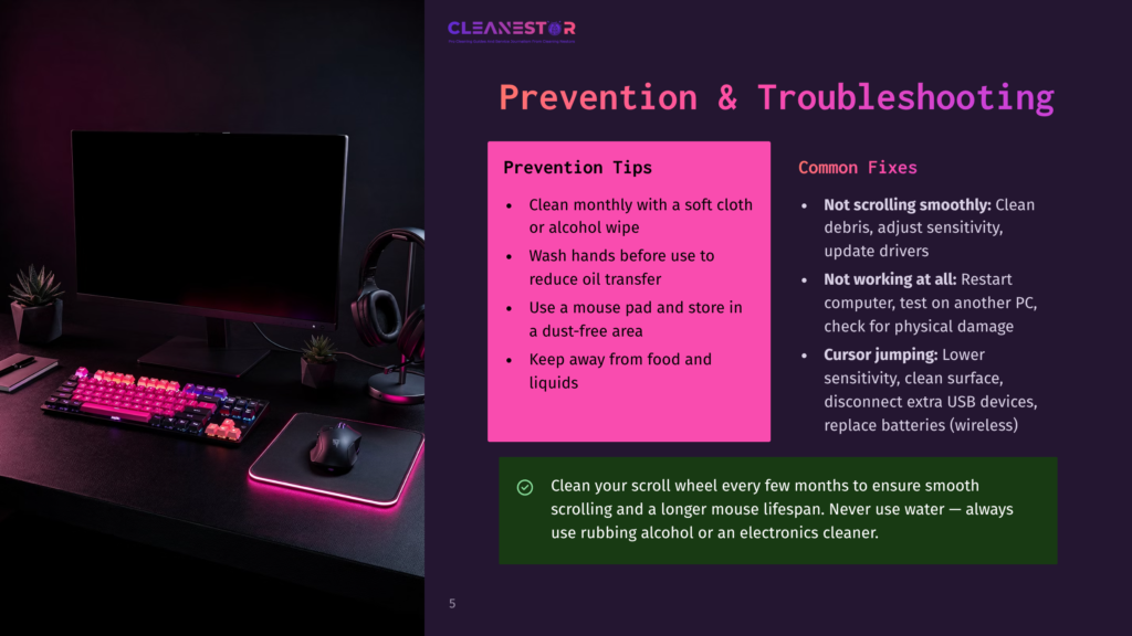 Cleanestor Logo And &Quot;Prevention &Amp; Troubleshooting&Quot; Text On A Dark Background. Below Are &Quot;Prevention Tips&Quot; And &Quot;Common Fixes&Quot; Sections With Bullet Points On Mouse Cleaning And Troubleshooting.