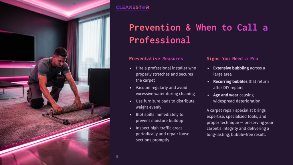 5 Prevention And When To Call A Professional A Carpet Installer Carefully Rolls Up A Large Rug On A Pink-Lit Floor, With A Cleanestor Logo Visible In The Upper Left Corner. The Text &Quot;Prevention &Amp; When To Call A Professional&Quot; Is Prominent.