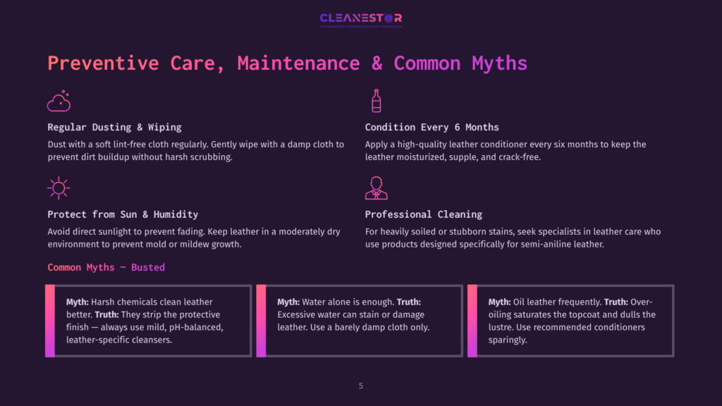 Infographic On Leather Care With Icons For Dusting, Sun Protection, And Professional Cleaning. Includes Myths Vs. Truths About Leather Maintenance.