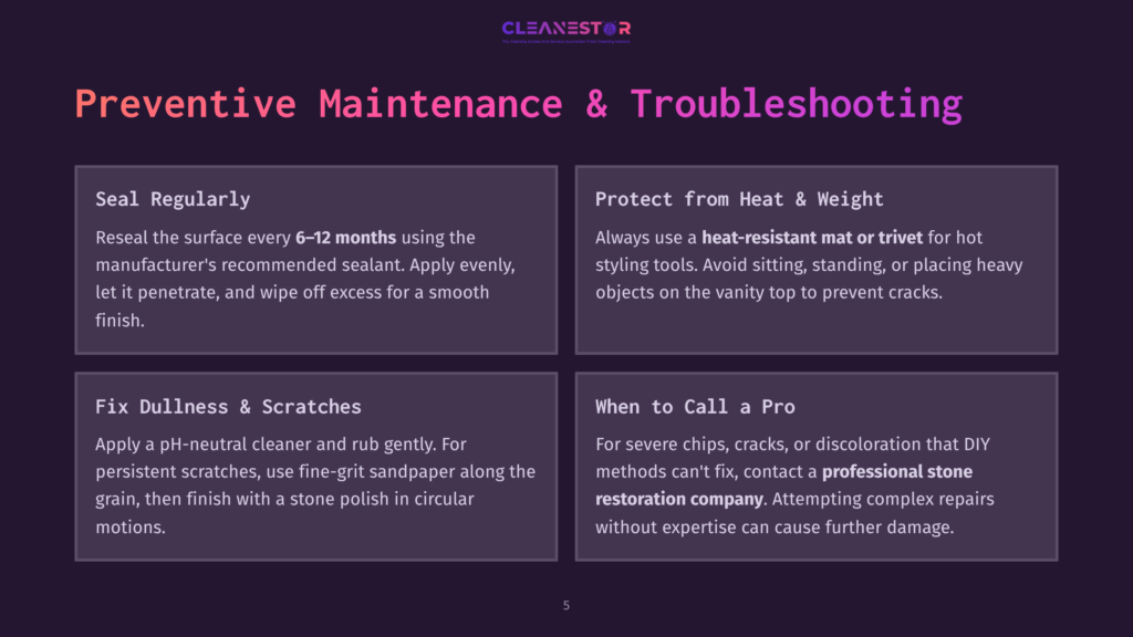 Cleanestor Logo And Text About Preventive Maintenance And Troubleshooting For Stone Surfaces, Including Sealing, Heat Resistance, Fixing Dullness, And When To Call A Pro.