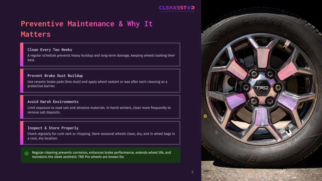 Close-Up Of A Shiny Trd Pro Wheel On A Vehicle, With Iridescent Purple And Pink Reflections On The Chrome Spokes. Text Overlay Discusses Preventative Maintenance For Trd Pro Wheels.