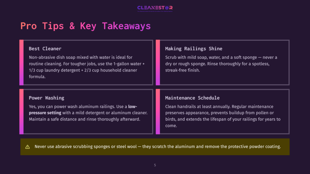 5 Pro Tips And Key Takeaways Infographic With &Quot;Pro Tips &Amp; Key Takeaways&Quot; Title, Featuring Four Sections: Best Cleaner, Making Railings Shine, Power Washing, And Maintenance Schedule, With A Warning About Abrasive Sponges.