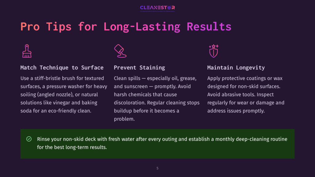 Pro Tips For Long-Lasting Results: Match Technique, Prevent Staining, Maintain Longevity. Includes Icons For Brushing, Cleaning, And Protection. Text Emphasizes Eco-Friendly Cleaning And Deck Care.