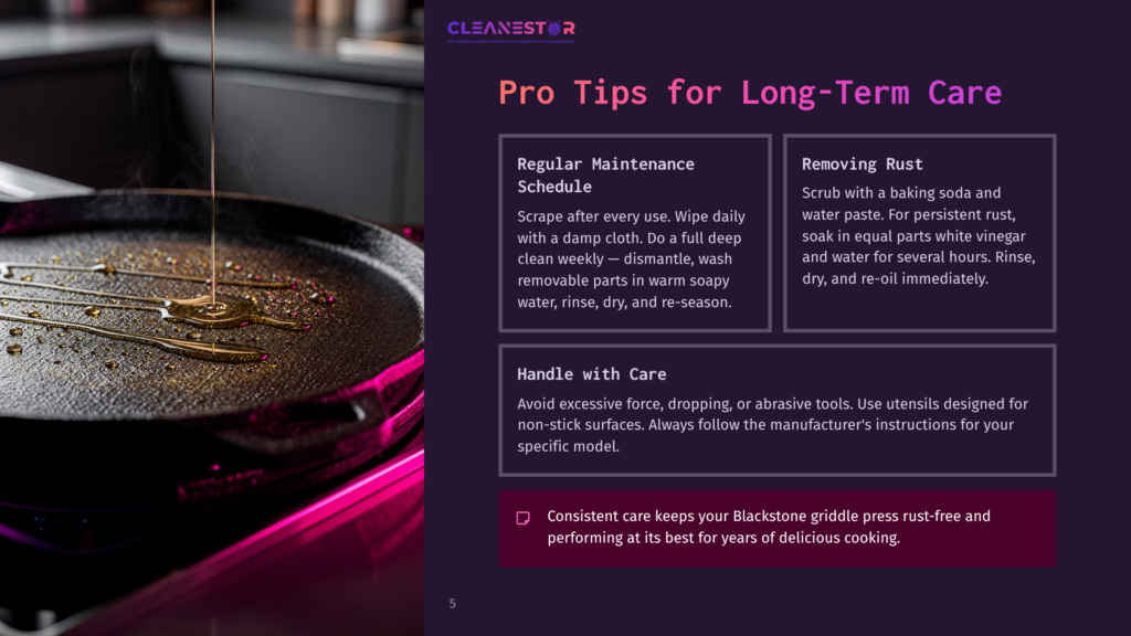 5 Pro Tips For Long Term Care Close-Up Of Cooking Oil Being Poured Onto A Hot Cast Iron Skillet, With A Pink Light Reflecting On The Pan. The Cleanestor Logo Is Visible In The Top Center.