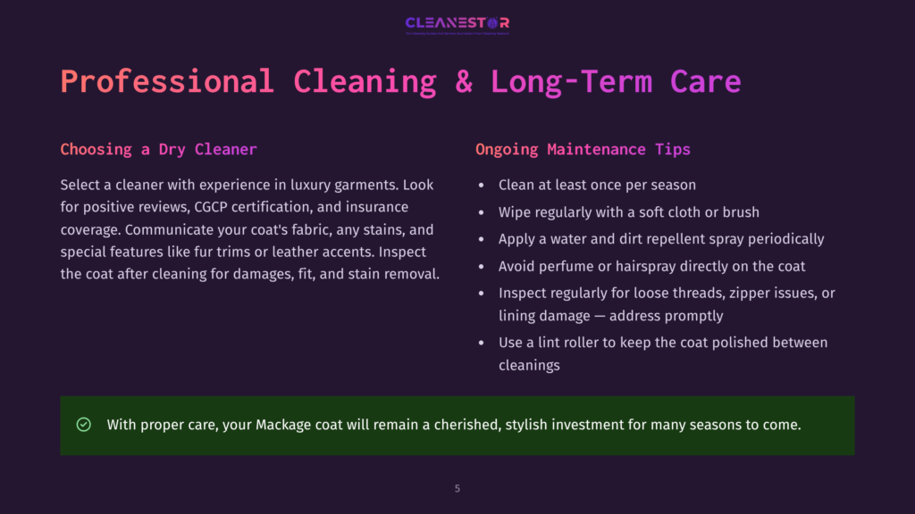 5 Professional Cleaning And Long Term Care Cleanestor Logo With Text &Quot;Professional Cleaning &Amp; Long-Term Care&Quot; Above Sections On &Quot;Choosing A Dry Cleaner&Quot; And &Quot;Ongoing Maintenance Tips&Quot; For Coats.