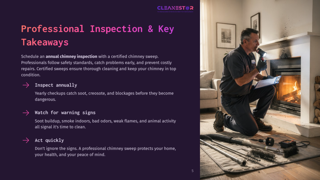 5 Professional Inspection And Key Takeaways 1 A Chimney Sweep Inspects A Fireplace With A Flashlight, Holding A Clipboard. The Text &Quot;Cleanestor&Quot; Is Visible At The Top.