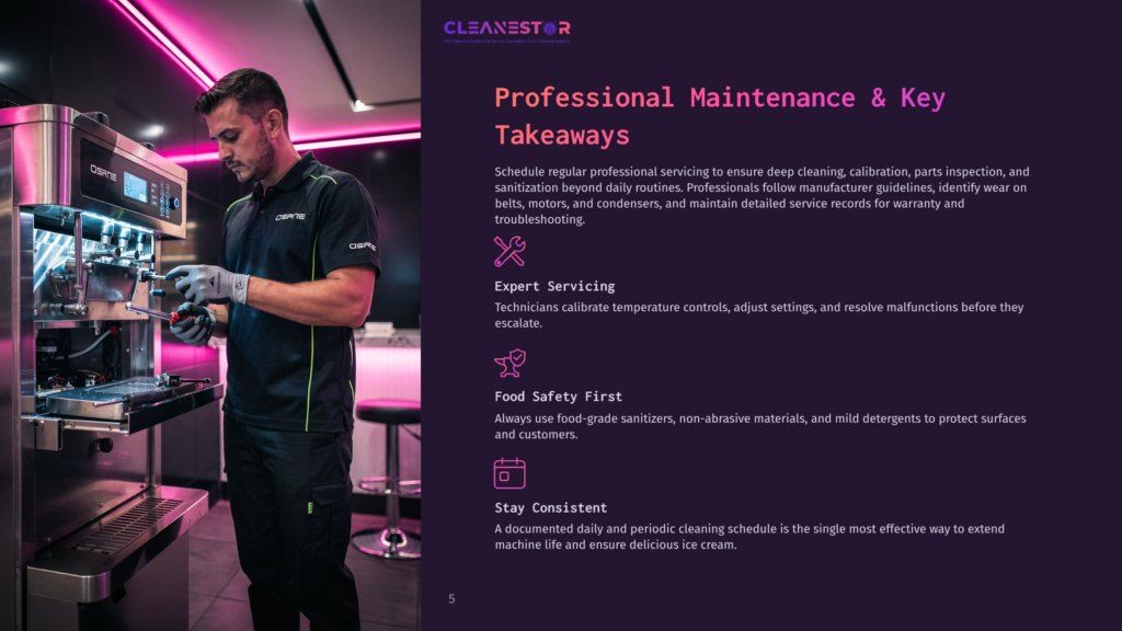 A Man In A Black Shirt And White Gloves Is Working On A Stainless Steel Espresso Machine, With A Pink Neon Light Illuminating The Background. Text Highlights Professional Maintenance Tips.